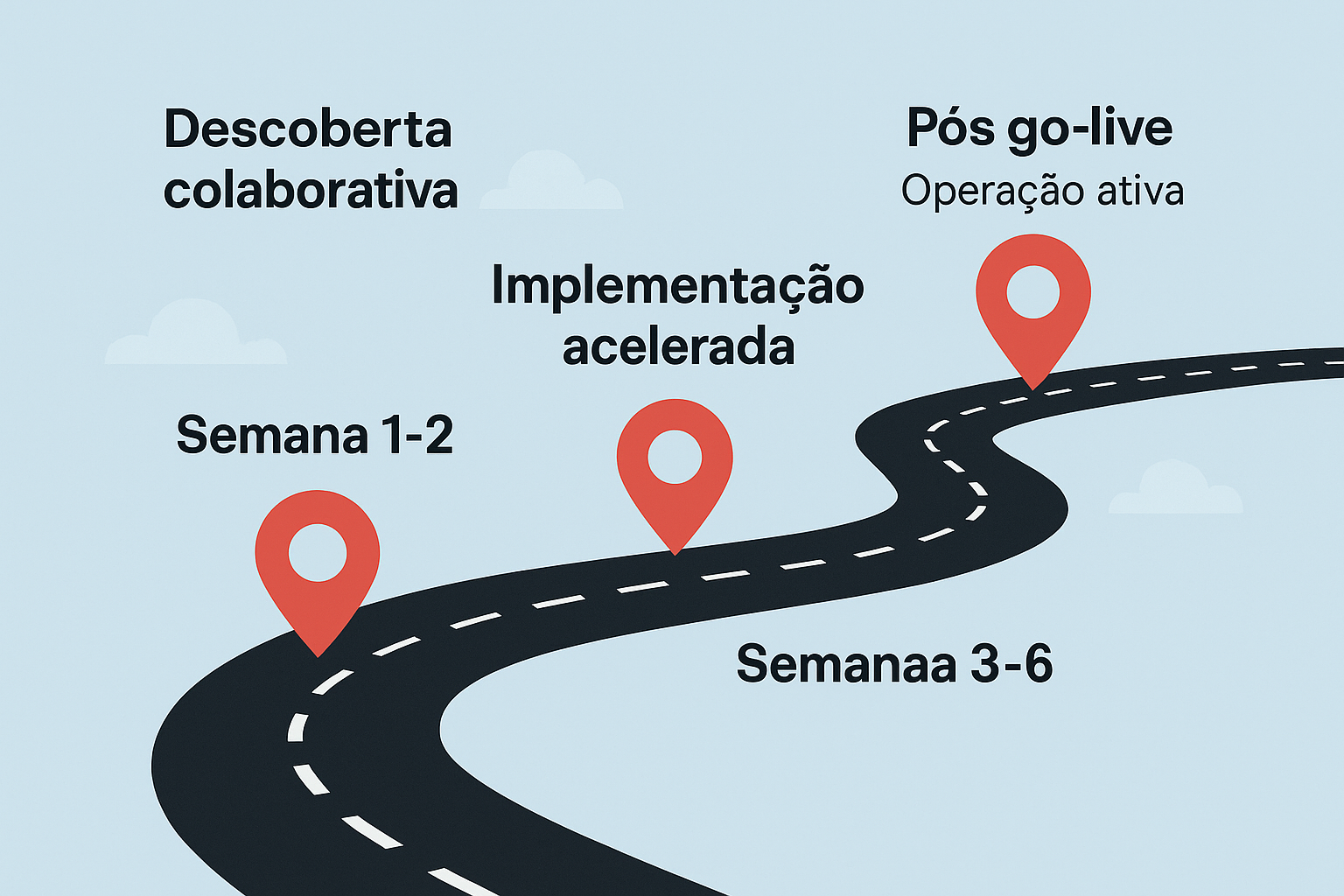 Roteiro de implantação do Conectflux com descoberta colaborativa, implementação acelerada e pós go-live